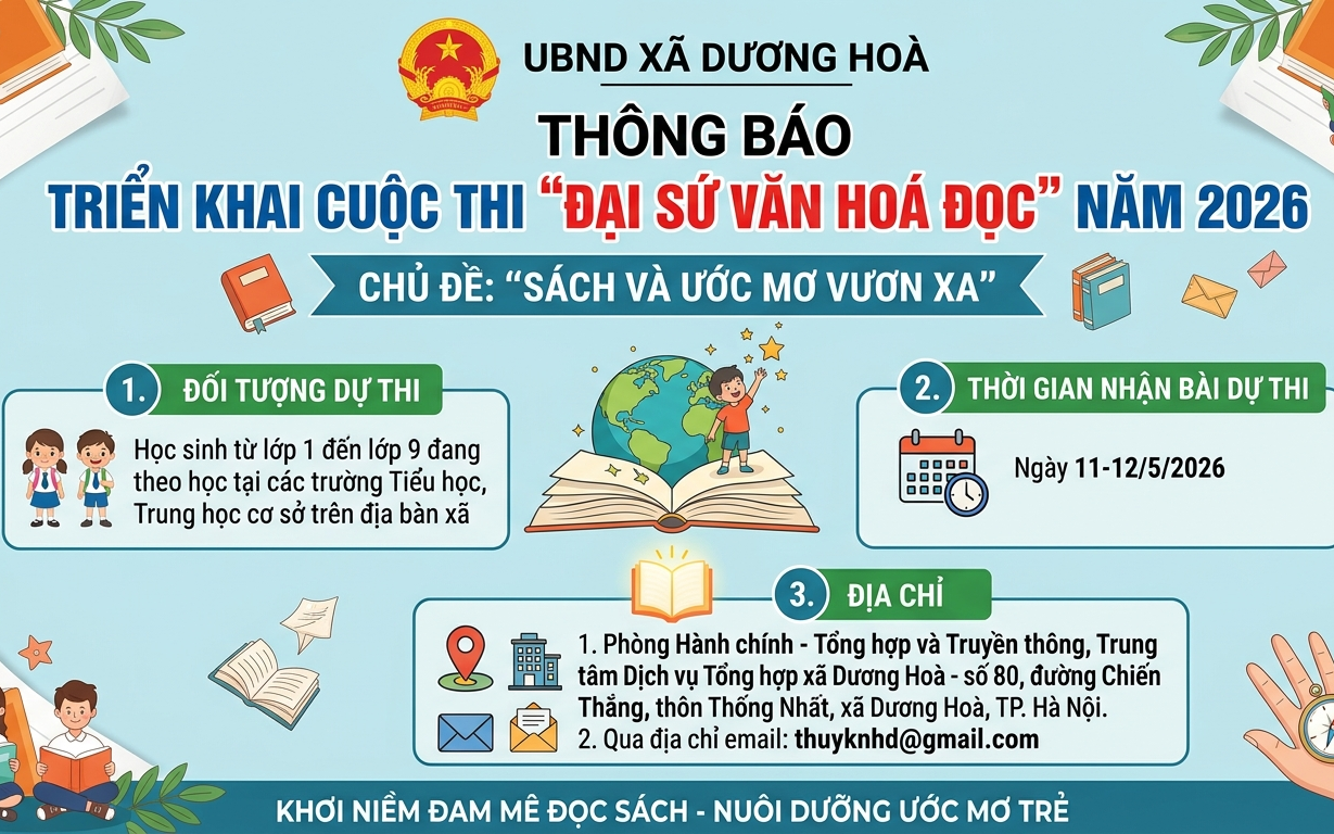 Triển khai tổ chức cuộc thi “Đại sứ Văn hóa đọc xã Dương Hòa” năm 2026 