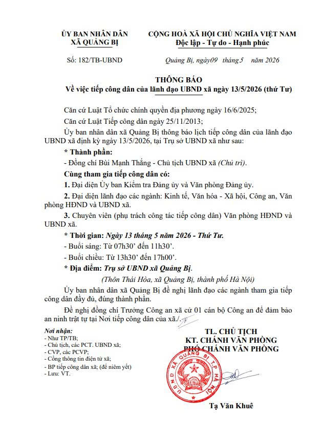 Lịch tiếp công dân của Lãnh đạo UBND xã Quảng Bị ngày 13/5/2026 (thứ 4)- Ảnh 1.
