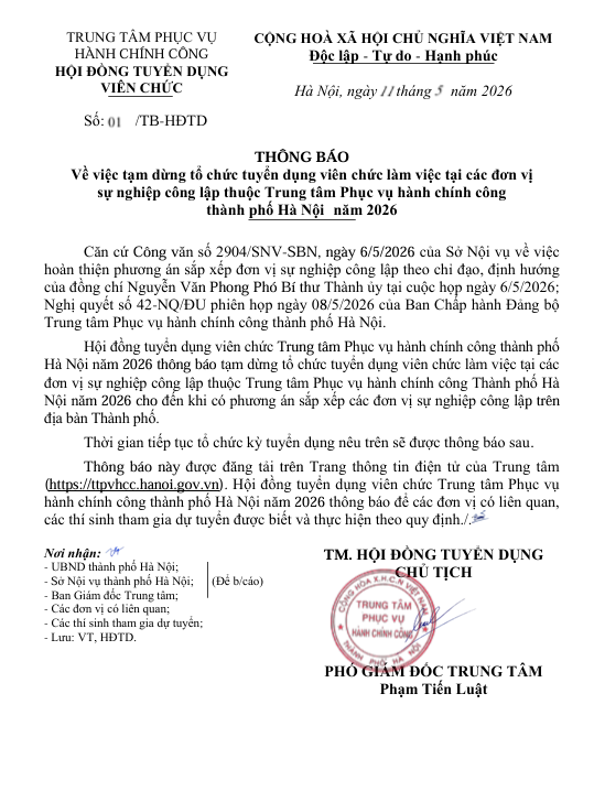 Thông báo tạm dừng tổ chức thi tuyển viên chức tại Trung tâm Phục vụ hành chính công thành phố Hà Nội- Ảnh 1.