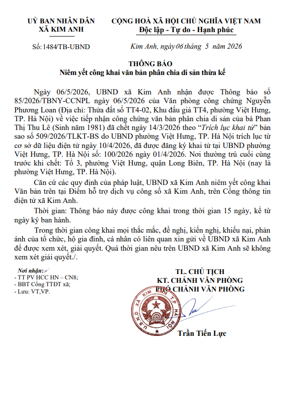 THÔNG BÁO NIÊM YẾT CÔNG KHAI VĂN BẢN PHÂN CHIA DI SẢN THỪA KẾ CỦA BÀ PHAN THỊ THU LÊ
- Ảnh 1.