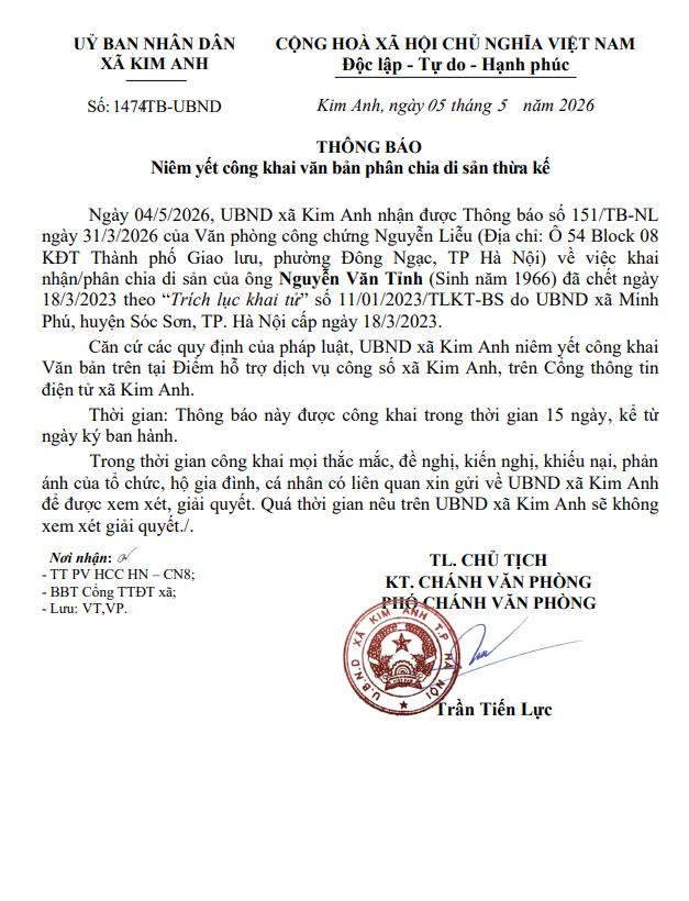 THÔNG BÁO NIÊM YẾT CÔNG KHAI VĂN BẢN PHÂN CHIA DI SẢN THỪA KẾ CỦA ÔNG NGUYỄN VĂN TỈNH TẠI XÃ kIM aNH, THÀNH PHỐ HÀ NỘI- Ảnh 1.