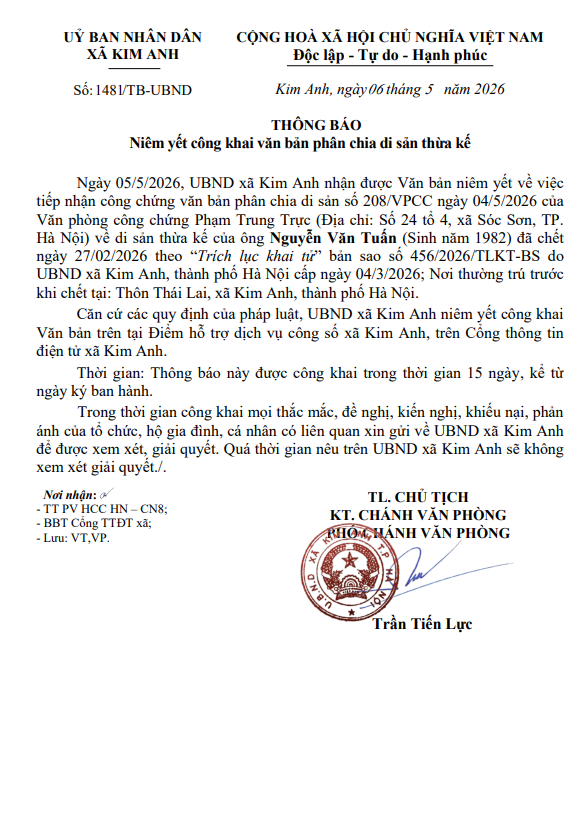THÔNG BÁO NIÊM YẾT CÔNG KHAI VĂN BẢN PHÂN CHIA DI SẢN THỪA KẾ CỦA ÔNG NGUYỄN VĂN TUẤN TẠI THÔN THÁI LAI, XÃ KIM ANH, THÀNH PHỐ HÀ NỘI- Ảnh 1.