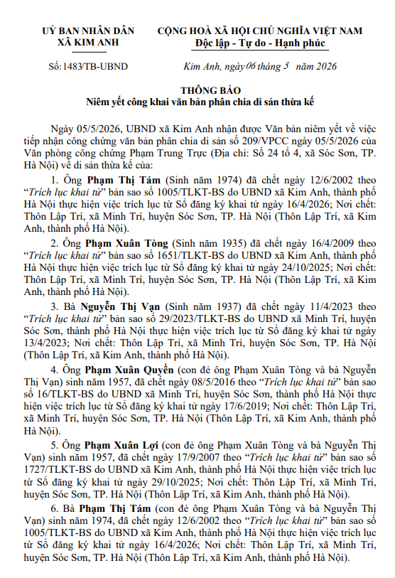 THÔNG BÁO NIÊM YẾT CÔNG KHAI VĂN BẢN PHÂN CHIA DI SẢN THỪA KẾ CỦA BÀ PHẠM THỊ TÁM, ÔNG PHẠM XUÂN TÒNG, BÀ NGUYỄN THỊ VẠN, ÔNG PHẠM XUÂN QUYỀN, ÔNG PHẠM XUÂN LỢI- Ảnh 1.