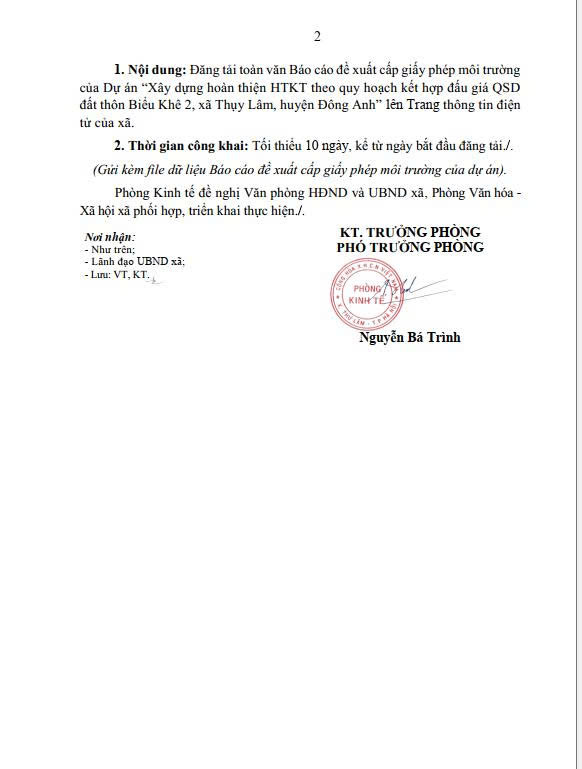CÔNG KHAI NỘI DUNG BÁO CÁO ĐỀ XUẤT CẤP GIẤY PHÉP MÔI TRƯỜNG DỰ ÁN "XÂY DỰNG HOÀN THIỆN HẠ TẦNG KỸ THUẬT THEO QUY HOẠCH KẾT HỢP ĐẤU GIÁ QUYỀN SỬ DỤNG ĐẤT THÔN BIỂU KHÊ 2, XÃ THỤY LÂM, HUYỆN ĐÔNG ANH- Ảnh 2.