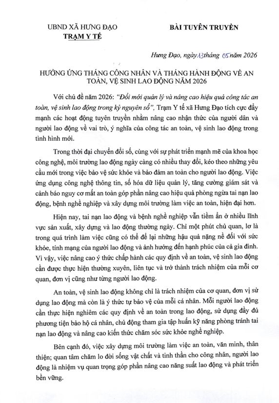 HƯỞNG ỨNG THÁNG CÔNG NHÂN VÀ THÁNG HÀNH ĐỘNG VỀ AN TOÀN, VỆ SINH LAO ĐỘNG NĂM 2026- Ảnh 1.