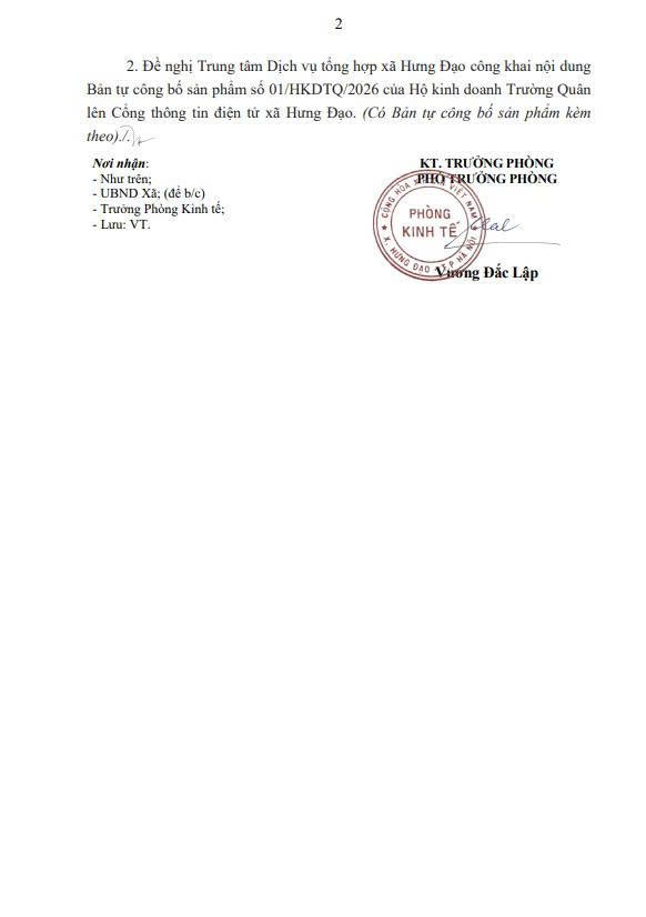 Bản tự công bố sản phẩm số 01/HKDTQ/2026 của Hộ kinh doanh Trường Quân- Ảnh 2.