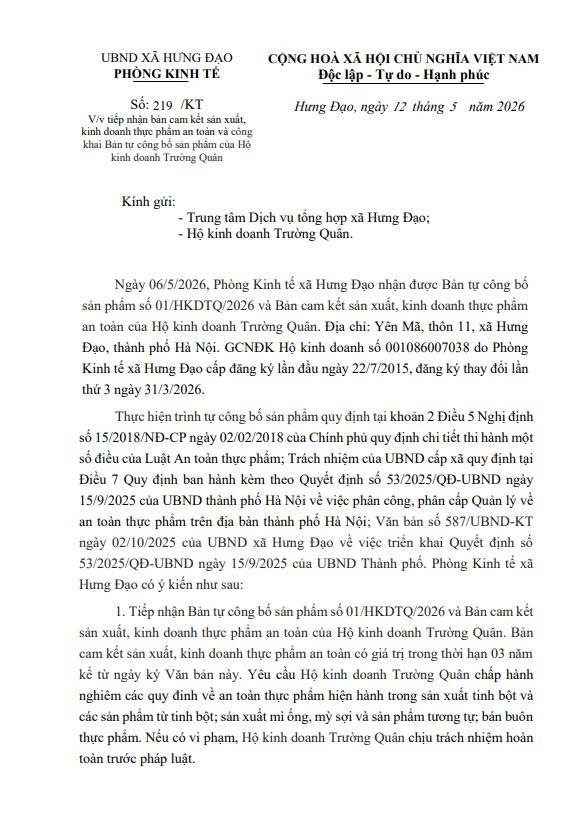 Bản tự công bố sản phẩm số 01/HKDTQ/2026 của Hộ kinh doanh Trường Quân- Ảnh 1.