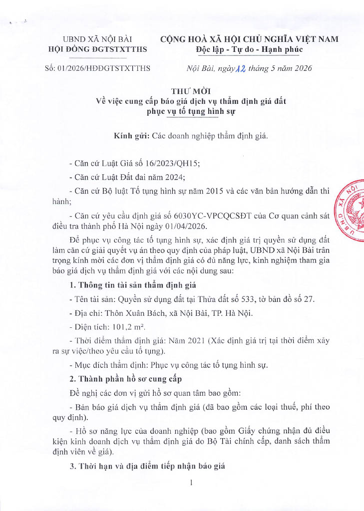 THƯ MỜI Cung cấp báo giá dịch vụ thẩm định giá đất phục vụ tố tụng hình sự- Ảnh 1.