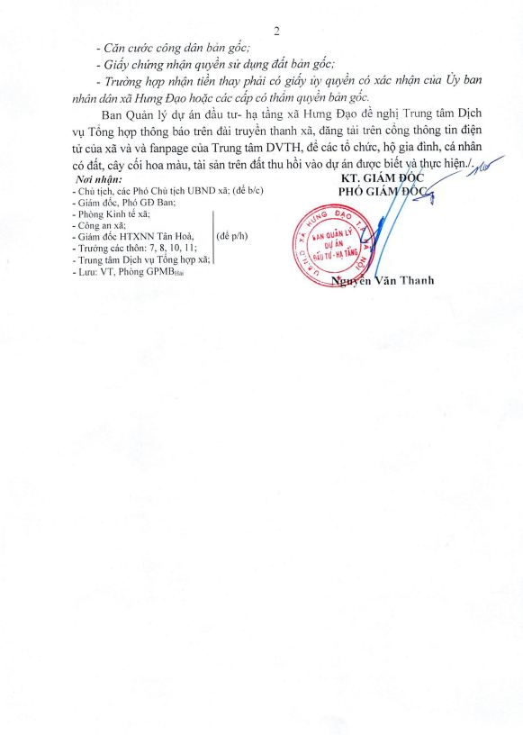THÔNG BÁO 
Về việc chi trả tiền bồi thường, hỗ trợ tái định cư khi nhà nước thu hồi đất thực hiện dự án: Xây dựng đường giao thông kết hợp hệ thống thoát nước cụm công nghiệp làng nghề xã Tân Hòa- Ảnh 2.