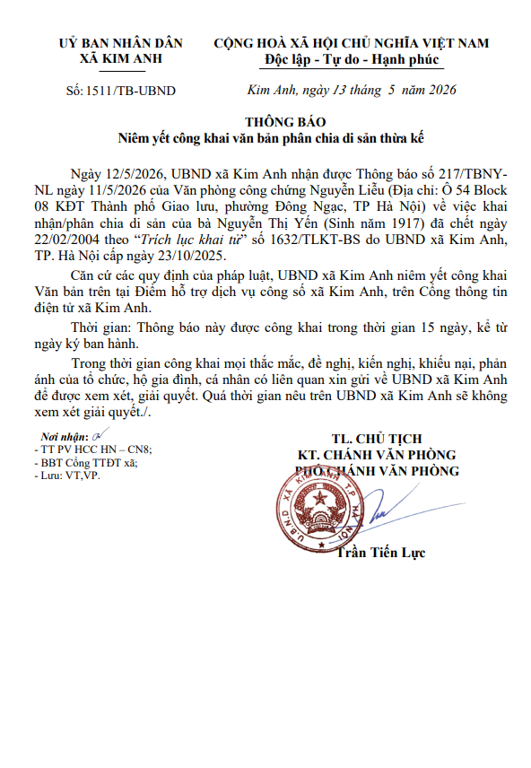 Thông báo niêm yết công khai văn bản phân chia di sản thừa kế của bà Nguyễn Thị Yến (Sinh năm 1917) tại xã Kim Anh, thành phố Hà Nội- Ảnh 1.