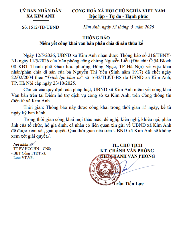 Thông báo niêm yết công khai văn bản phân chia di sản thừa kế của bà Nguyễn Thị Yến (Sinh năm 1917) tại xã Kim Anh, thành phố Hà Nội- Ảnh 1.