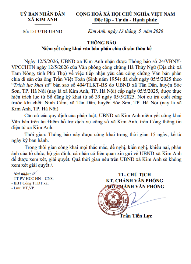 Thông báo niêm yết công khai văn bản phân chia di sản thừa kế của ông Trần Việt Toàn (sinh năm 1954) tại xã Kim Anh, thành phố Hà Nội- Ảnh 1.