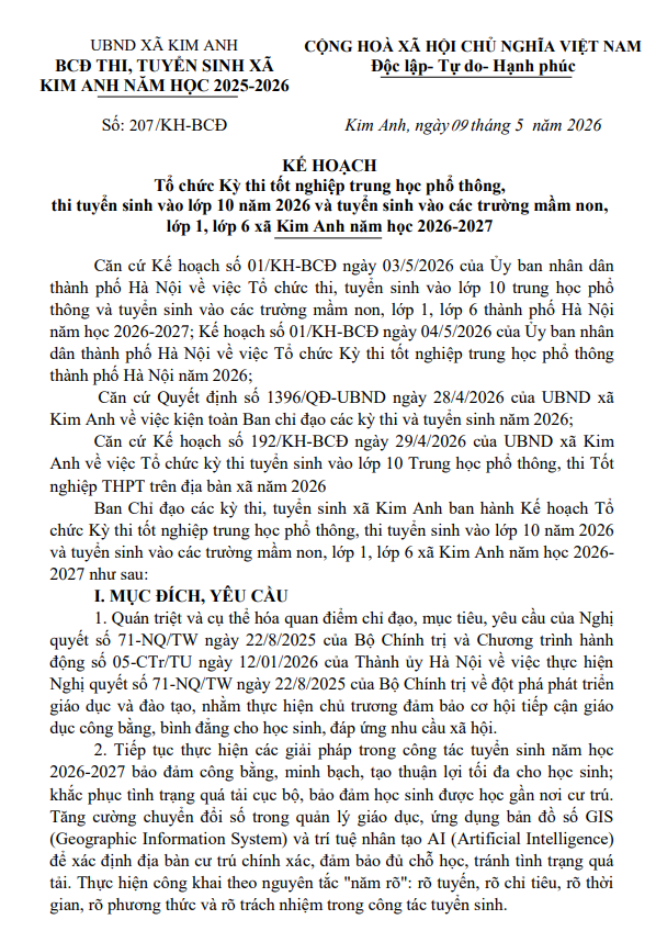 Kế hoạch tổ chức Kỳ thi tốt nghiệp trung học phổ thông,
thi tuyển sinh vào lớp 10 năm 2026 và tuyển sinh vào các trường mầm non, lớp 1, lớp 6 xã Kim Anh năm học 2026-2027- Ảnh 1.