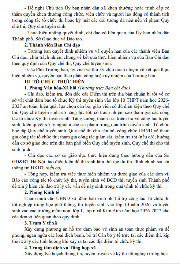 Kế hoạch tổ chức Kỳ thi tốt nghiệp trung học phổ thông,
thi tuyển sinh vào lớp 10 năm 2026 và tuyển sinh vào các trường mầm non, lớp 1, lớp 6 xã Kim Anh năm học 2026-2027- Ảnh 3.