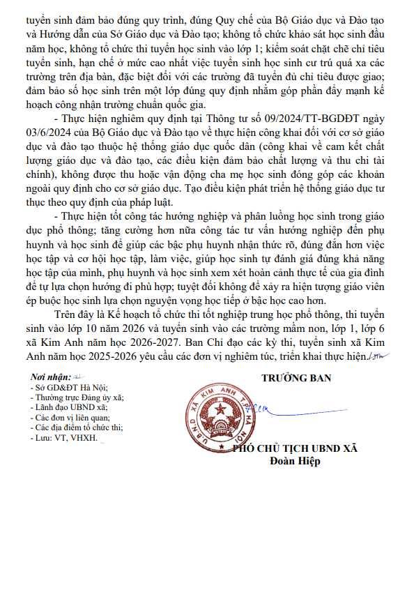 Kế hoạch tổ chức Kỳ thi tốt nghiệp trung học phổ thông,
thi tuyển sinh vào lớp 10 năm 2026 và tuyển sinh vào các trường mầm non, lớp 1, lớp 6 xã Kim Anh năm học 2026-2027- Ảnh 5.