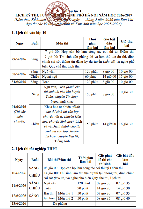 Kế hoạch tổ chức Kỳ thi tốt nghiệp trung học phổ thông,
thi tuyển sinh vào lớp 10 năm 2026 và tuyển sinh vào các trường mầm non, lớp 1, lớp 6 xã Kim Anh năm học 2026-2027- Ảnh 6.
