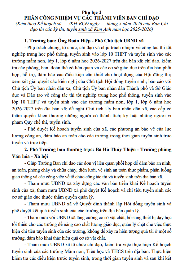 Kế hoạch tổ chức Kỳ thi tốt nghiệp trung học phổ thông,
thi tuyển sinh vào lớp 10 năm 2026 và tuyển sinh vào các trường mầm non, lớp 1, lớp 6 xã Kim Anh năm học 2026-2027- Ảnh 9.
