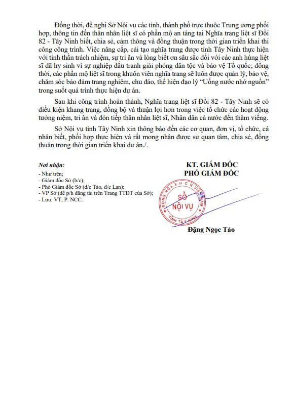 Thông báo hạn chế hoặc tạm dừng hoạt động thăm viếng tại Nghĩa trang liệt sĩ Đồi 82 - Tây Ninh trong thời gian xây dựng, cải tạo, sửa chữa công trình- Ảnh 2.