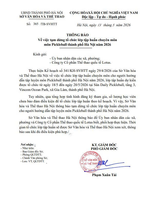 Thông báo về việc tạm dừng tổ chức lớp tập huấn chuyên môn cho người hướng dẫn tập luyện môn Pickleball thành phố Hà Nội năm 2026- Ảnh 1.