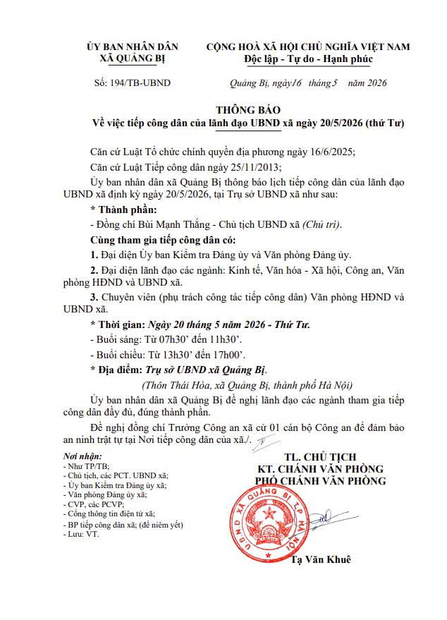Lịch tiếp công dân của Lãnh đạo UBND xã Quảng Bị ngày 20/4/2026 (thứ 4)- Ảnh 1.