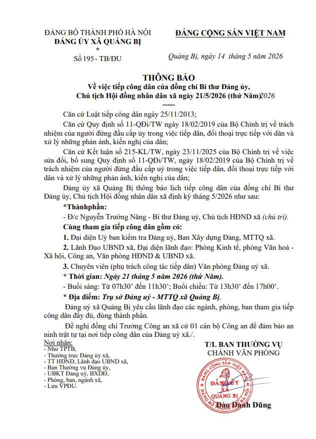 Lịch tiếp công dân của đồng chí Bí thư Đảng ủy, Chủ tịch HĐND xã Quảng Bị ngày 21/4/2026 (thứ 5)- Ảnh 1.