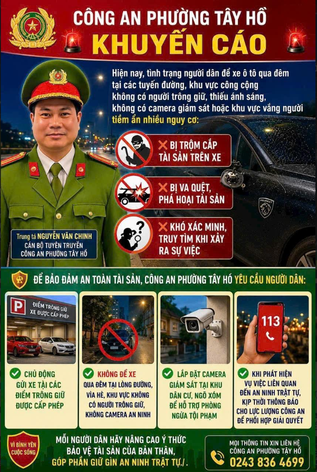 Công an phường Tây Hồ: Khuyến cáo quan trọng về việc đảm bảo an toàn khi đỗ xe ô tô qua đêm- Ảnh 1.