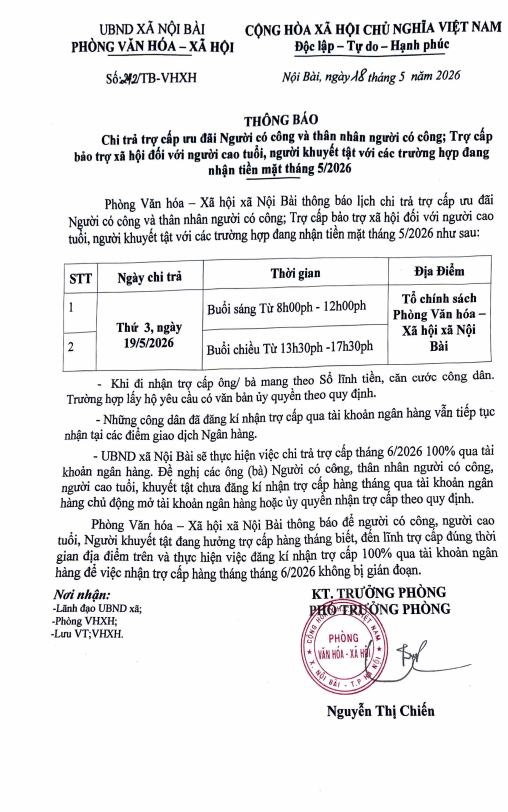 Chi trả trợ cấp người có công, bảo trợ xã hội xã Nội Bài tháng 5/2026- Ảnh 1.