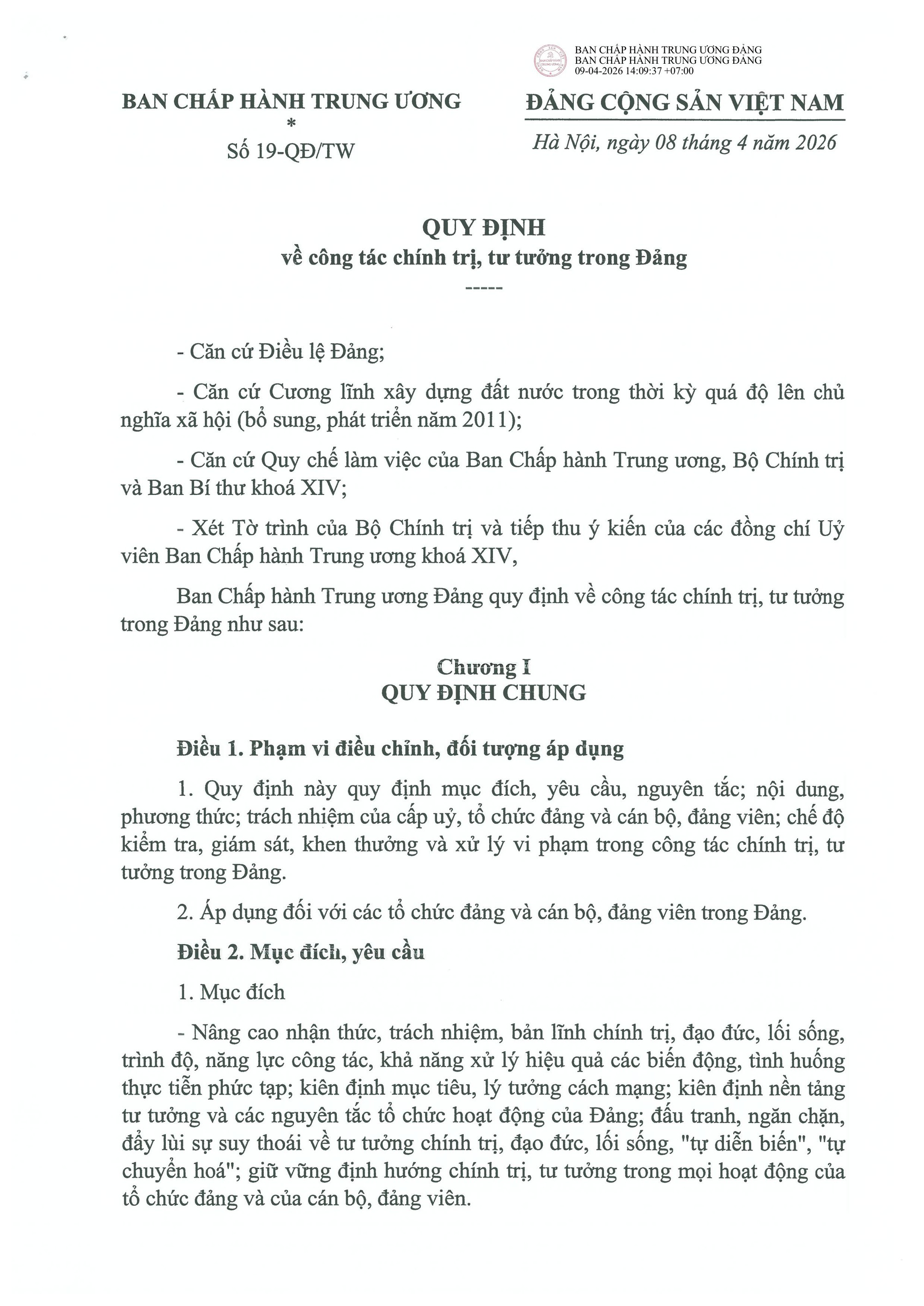 Quy định số 19-QĐ/TW về công tác chính trị, tư tưởng trong Đảng- Ảnh 1.