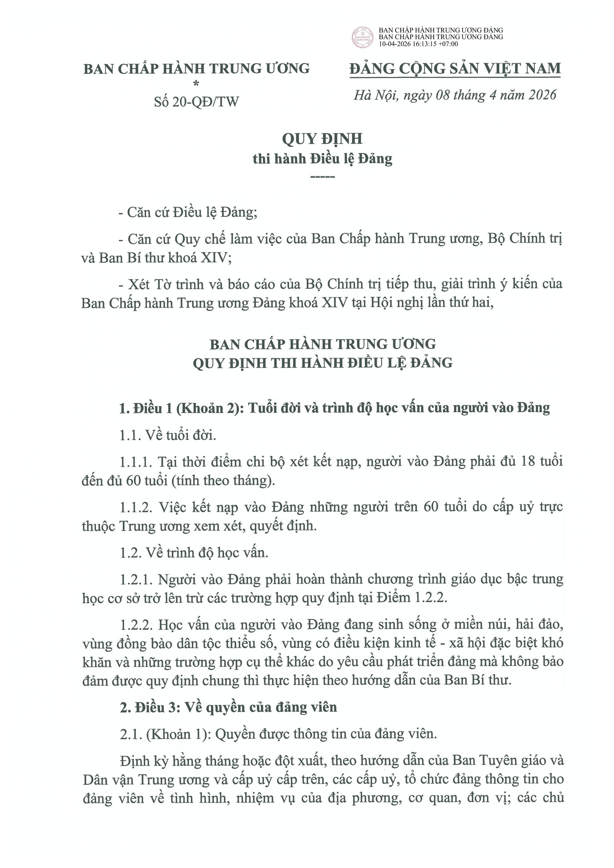 QUY ĐỊNH SỐ 20-QĐ/TW VỀ THI HÀNH ĐIỀU LỆ ĐẢNG- Ảnh 2.
