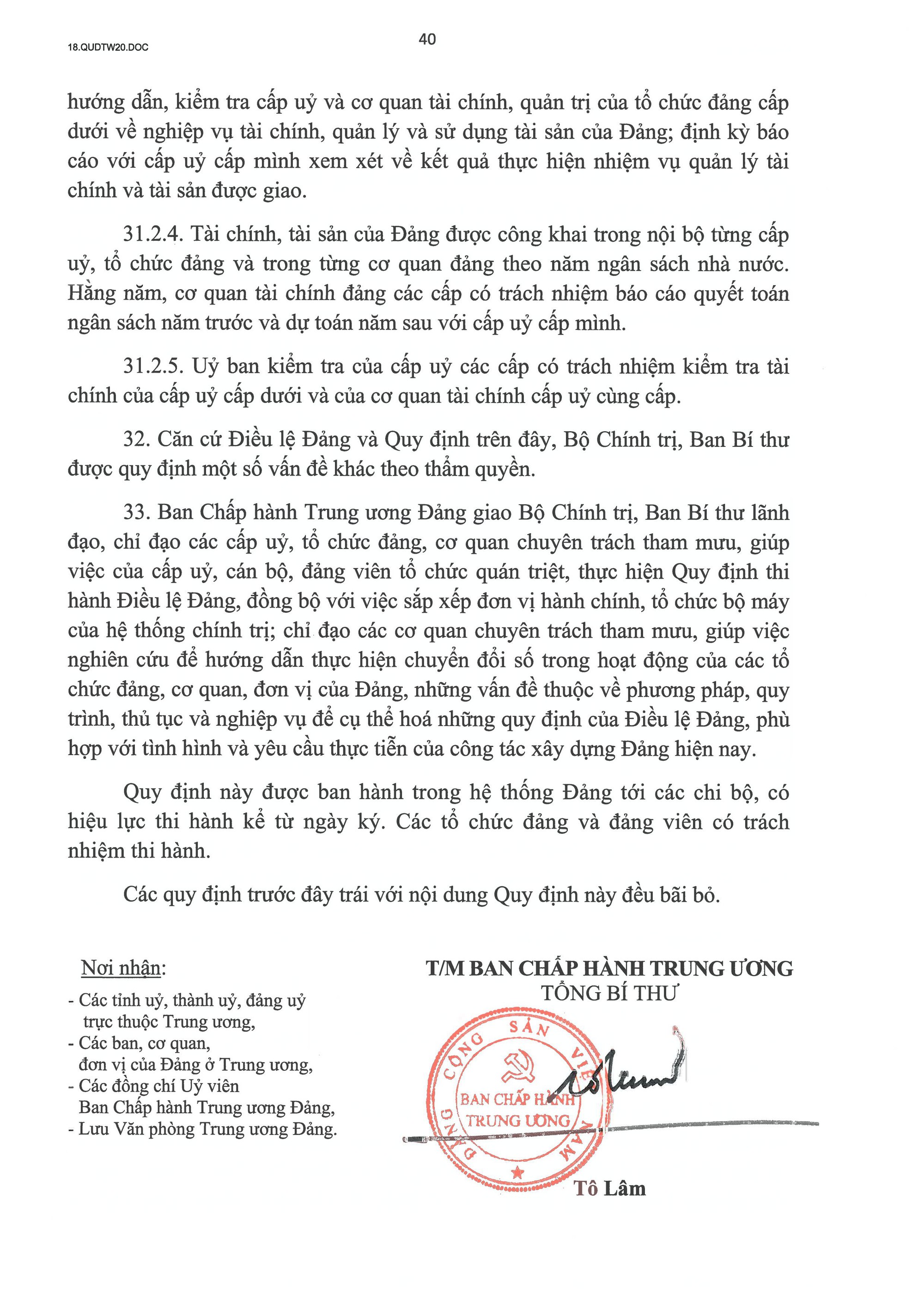 QUY ĐỊNH SỐ 20-QĐ/TW VỀ THI HÀNH ĐIỀU LỆ ĐẢNG- Ảnh 41.