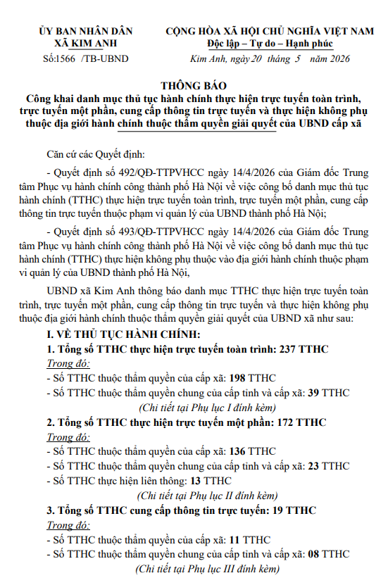 Thông báo Công khai danh mục thủ tục hành chính thực hiện trực tuyến toàn trình, trực tuyến một phần, cung cấp thông tin trực tuyến và thực hiện không phụ thuộc địa giới hành chính thuộc thẩm quyền giải quyết của UBND cấp xã- Ảnh 1.