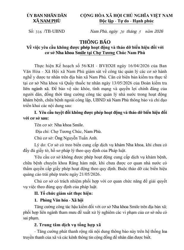 Thông báo số 316/TB-UBND ngày 20/05/2026 của UBND xã Nam Phù- Ảnh 1.