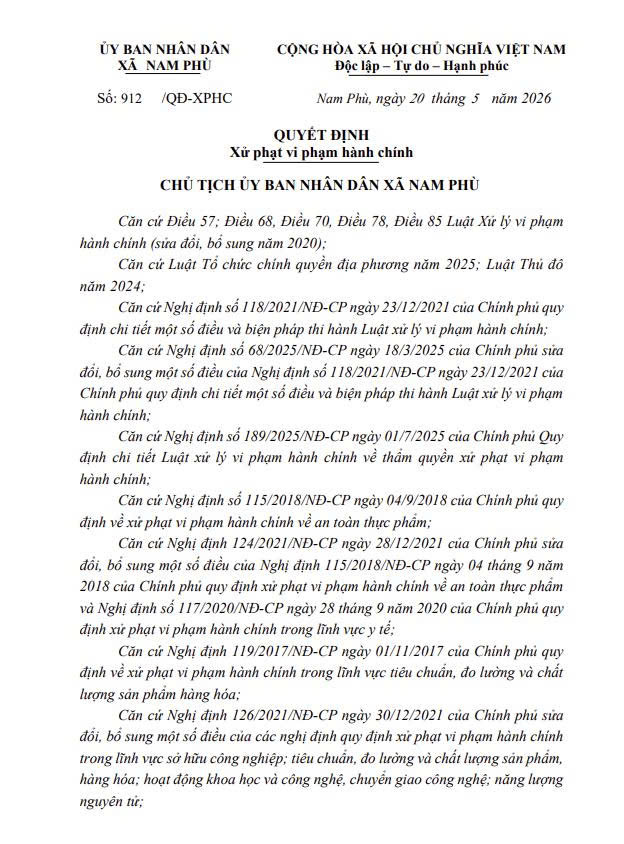 Quyết định số 912/QĐ-UBND ngày 20/5/2026 của UBND xã Nam Phù- Ảnh 1.