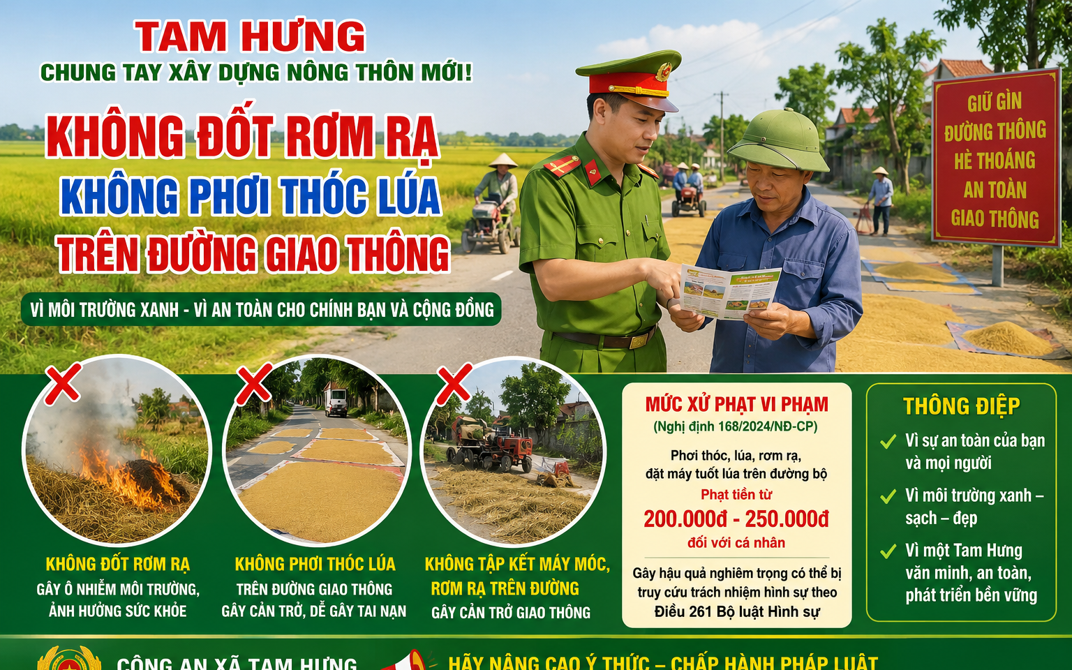 Công an xã Tam Hưng tăng cường tuyên truyền, khuyến cáo Nhân dân không phơi thóc, đốt rơm rạ trên đường giao thông