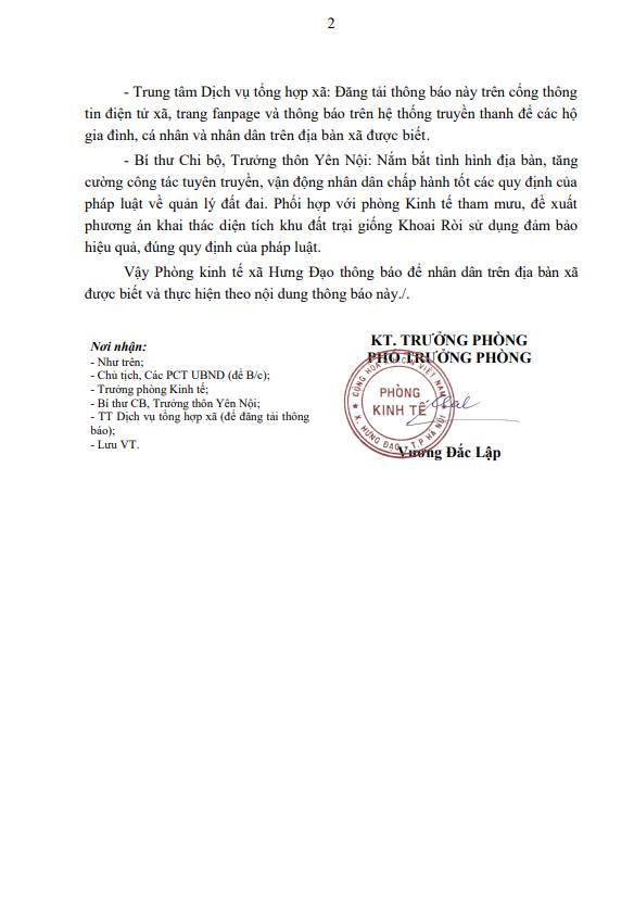 THÔNG BÁO 
Về việc yêu cầu thu dọn tài sản, cây cối, hoa màu trên đất để bàn giao trả lại nguyên trạng mặt bằng tại khu đất trại giống Khoai Ròi, thôn Yên Nội, xã Hưng Đạo, thành phố Hà Nội- Ảnh 2.