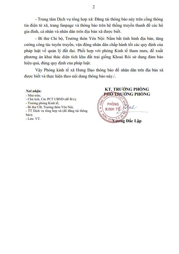 THÔNG BÁO 
Về việc yêu cầu thu dọn tài sản, cây cối, hoa màu trên đất để bàn giao trả lại nguyên trạng mặt bằng tại khu đất trại giống Khoai Ròi, thôn Yên Nội, xã Hưng Đạo, thành phố Hà Nội- Ảnh 2.