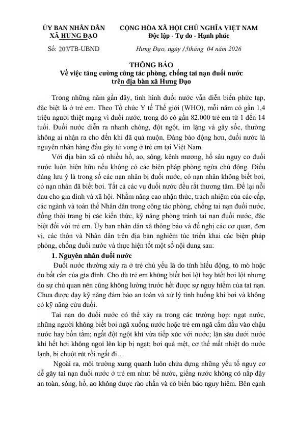 THÔNG BÁO 
Về việc tăng cường công tác phòng, chống tai nạn đuối nước trên địa bàn xã Hưng Đạo - Ảnh 1.