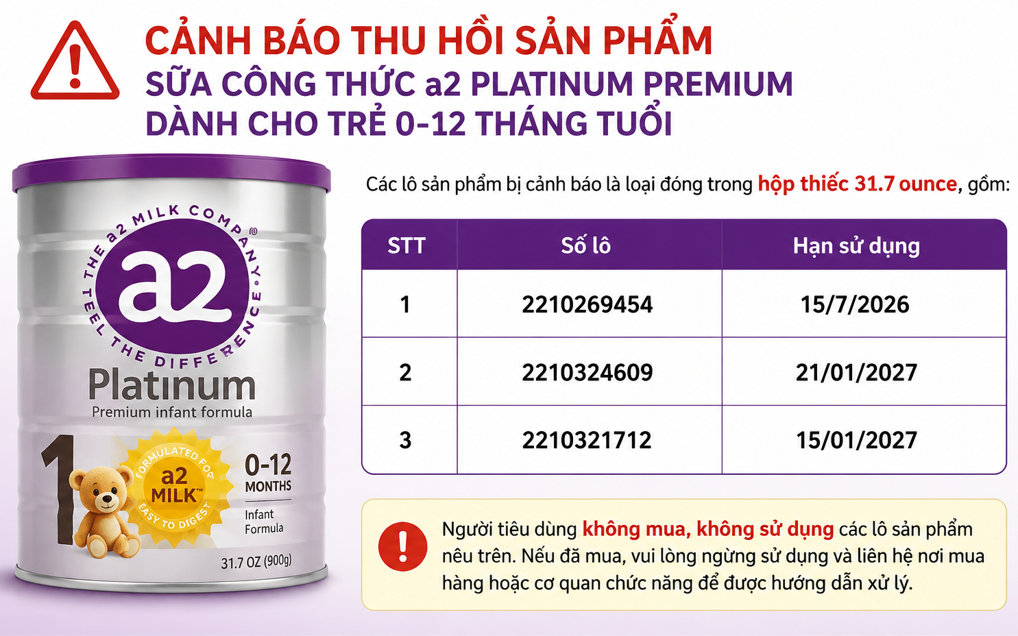 Cảnh báo sản phẩm sữa công thức A2 PLATINUM PREMIUM dành cho trẻ từ 0 đến 12 tháng tuổi