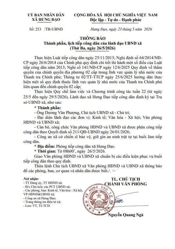 THÔNG BÁO 
Thành phần, lịch tiếp công dân của lãnh đạo UBND xã (Thứ Ba, ngày 26/5/2026)- Ảnh 1.
