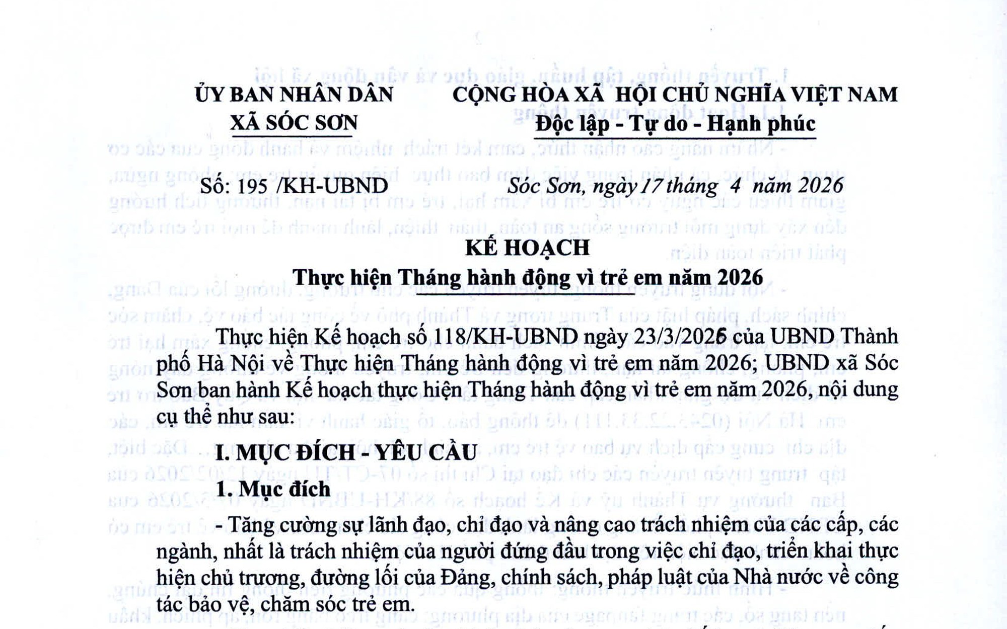 XÃ SÓC SƠN THỰC HIỆN THÁNG HÀNH ĐỘNG VÌ TRẺ EM, NĂM 2026