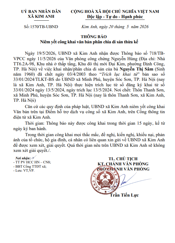 Thông báo niêm yết công khai văn bản phân chia di sản thừa kế của bà Nguyễn Thị Sâm (sinh năm 1960) tại xã Kim Anh, thành phố Hà Nội- Ảnh 1.