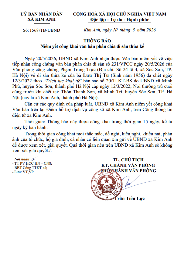 Thông báo niêm yết công khai văn bản phân chia di sản thừa kế của bà Lưu Thị Tư (sinh năm 1956) tại xã Kim Anh, thành phố Hà Nội- Ảnh 1.