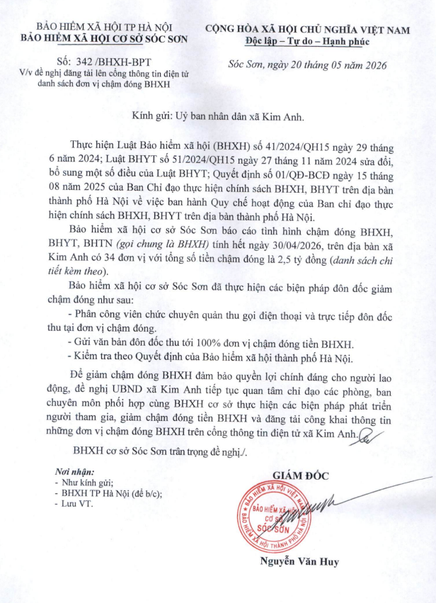 Danh sách chi tiết các đơn vị chậm đóng BHXH, BHYT, BHTN trên địa bàn xã Kim Anh- Ảnh 1.