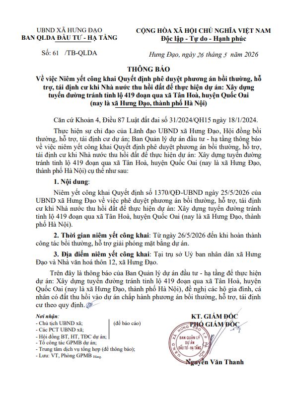 THÔNG BÁO
Về việc Niêm yết công khai Quyết định phê duyệt phương án bồi thường, hỗ trợ, tái định cư khi Nhà nước thu hồi đất để thực hiện dự án: Xây dựng tuyến đường tránh tỉnh lộ 419- Ảnh 1.