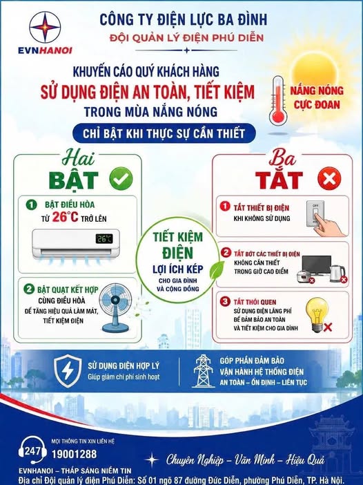 PHƯỜNG PHÚ DIỄN CHUNG TAY SỬ DỤNG ĐIỆN AN TOÀN VÀ TIẾT KIỆM TRONG MÙA NẮNG NÓNG- Ảnh 1.