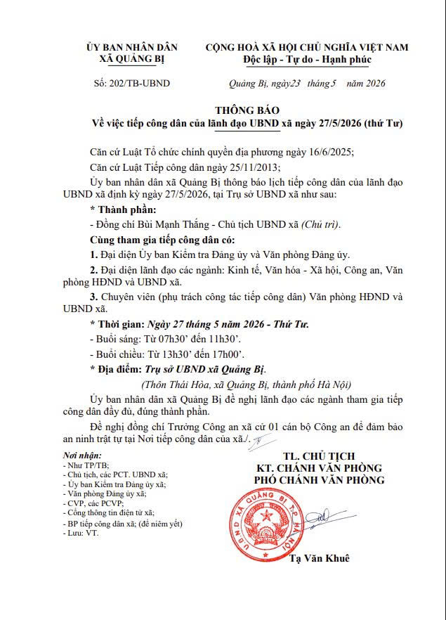 Lịch tiếp công dân của Lãnh đạo UBND xã Quảng Bị ngày 27/5/2026 (Thứ Tư)- Ảnh 1.