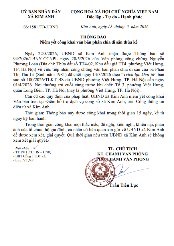 Thông báo niêm yết công khai văn bản phân chia di sản thừa kế của bà Phan Thị Thu Lê (sinh năm 1981) tại xã Kim Anh, thành phố Hà Nội- Ảnh 1.