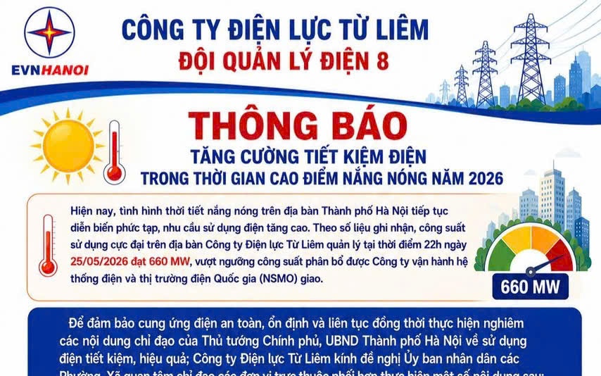Thông báo: Tăng cường tiết kiệm điện trong thời gian cao điểm nắng nóng năm 2026