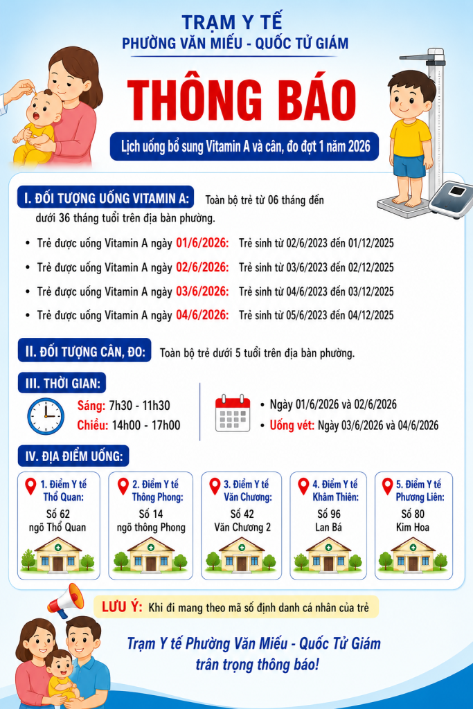 THÔNG BÁO LỊCH UỐNG BỔ SUNG VITAMIN A VÀ CÂN, ĐO ĐỢT 1 NĂM 2026- Ảnh 1.