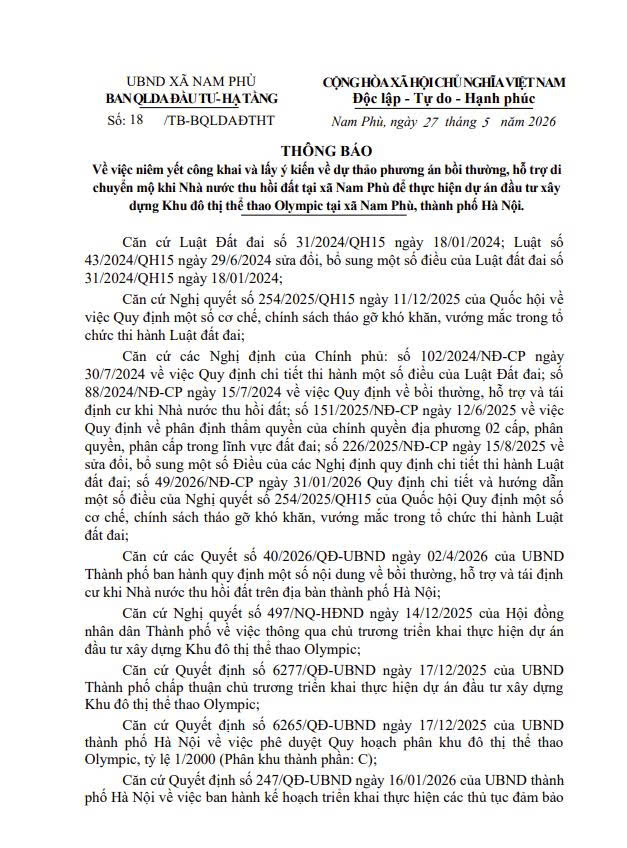 Thông báo số 18/TB-BQLDAĐTHT ngày 27/5/2026 của Ban quản lý Dự án Đầu tư Hạ Tầng xã Nam Phù- Ảnh 1.